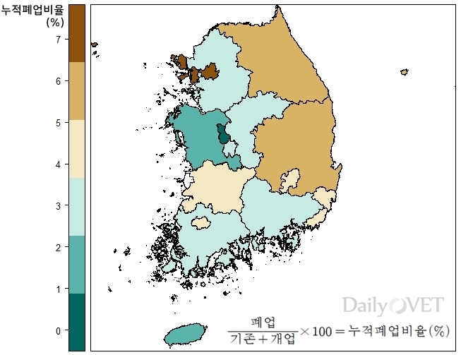 2017.10월~2018.10월 시도별 동물병원 누적폐업비율 (자료 : 대한수의사회, 지도시각화ⓒ2018. 이규영)