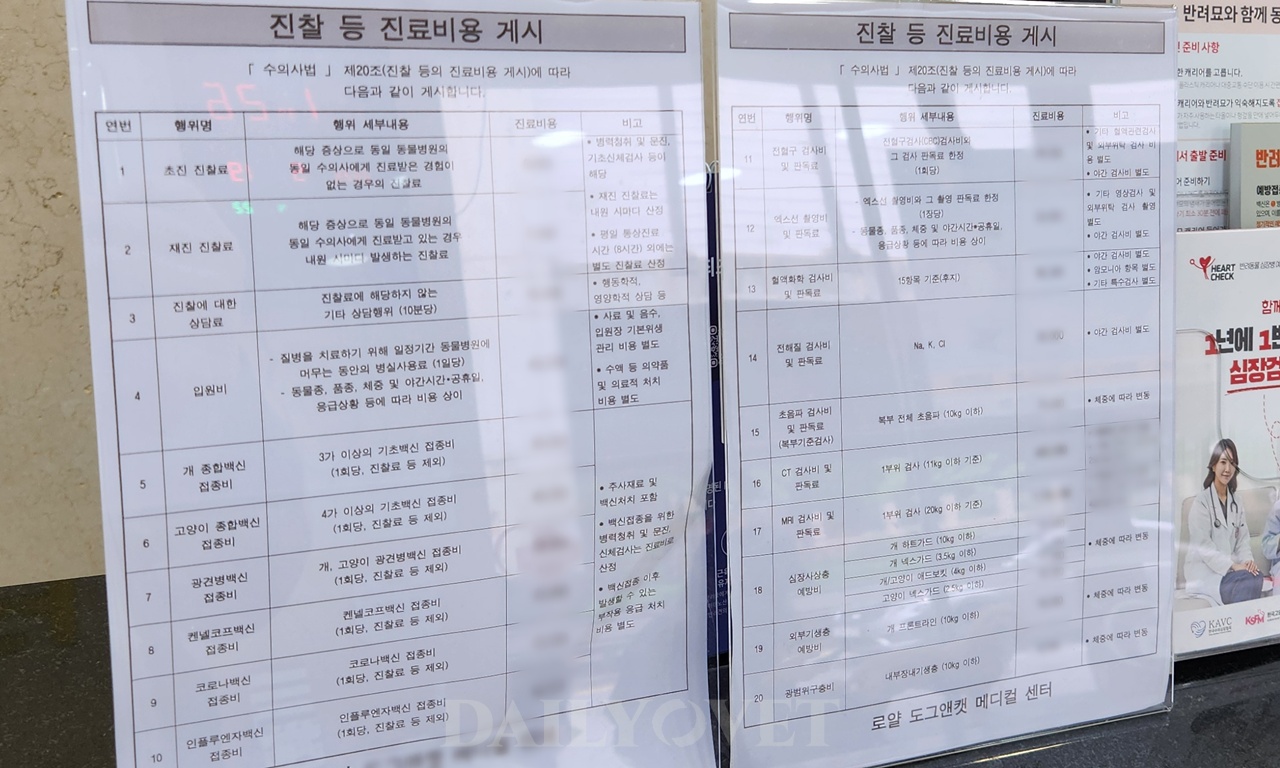 동물병원 진료비 게시, 홈페이지에도 게재 의무화